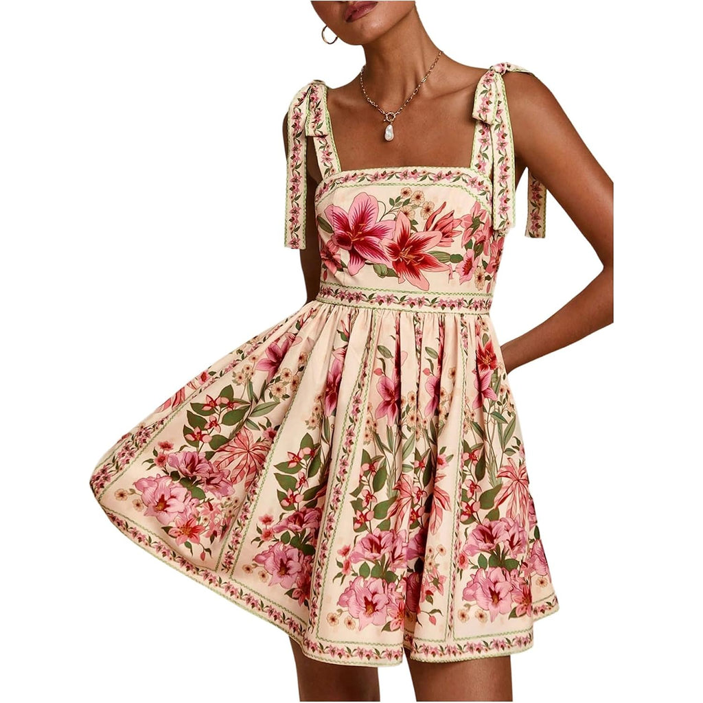 Oyoangle Women'S Boho Dress Floral Tropical Vacation Dress Sleeveless Tie Shoulder Summer Flowy Mini Dress Sundress