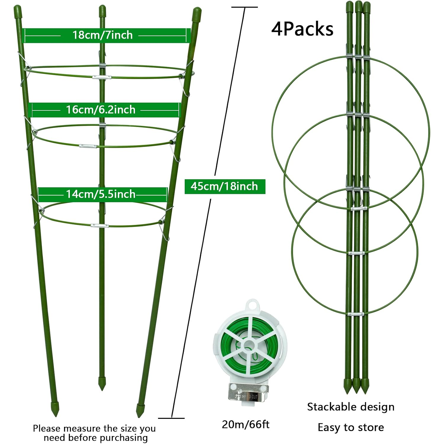18" Small Plant Support Tomato Cages, 4 Pack Adjustable Garden Trellis For Indoor Outdoor Climbing Plants, Peony Flower Stakes With 66Ft Garden Twist Ties, Green Metal Plant Cages For Pots & Garden