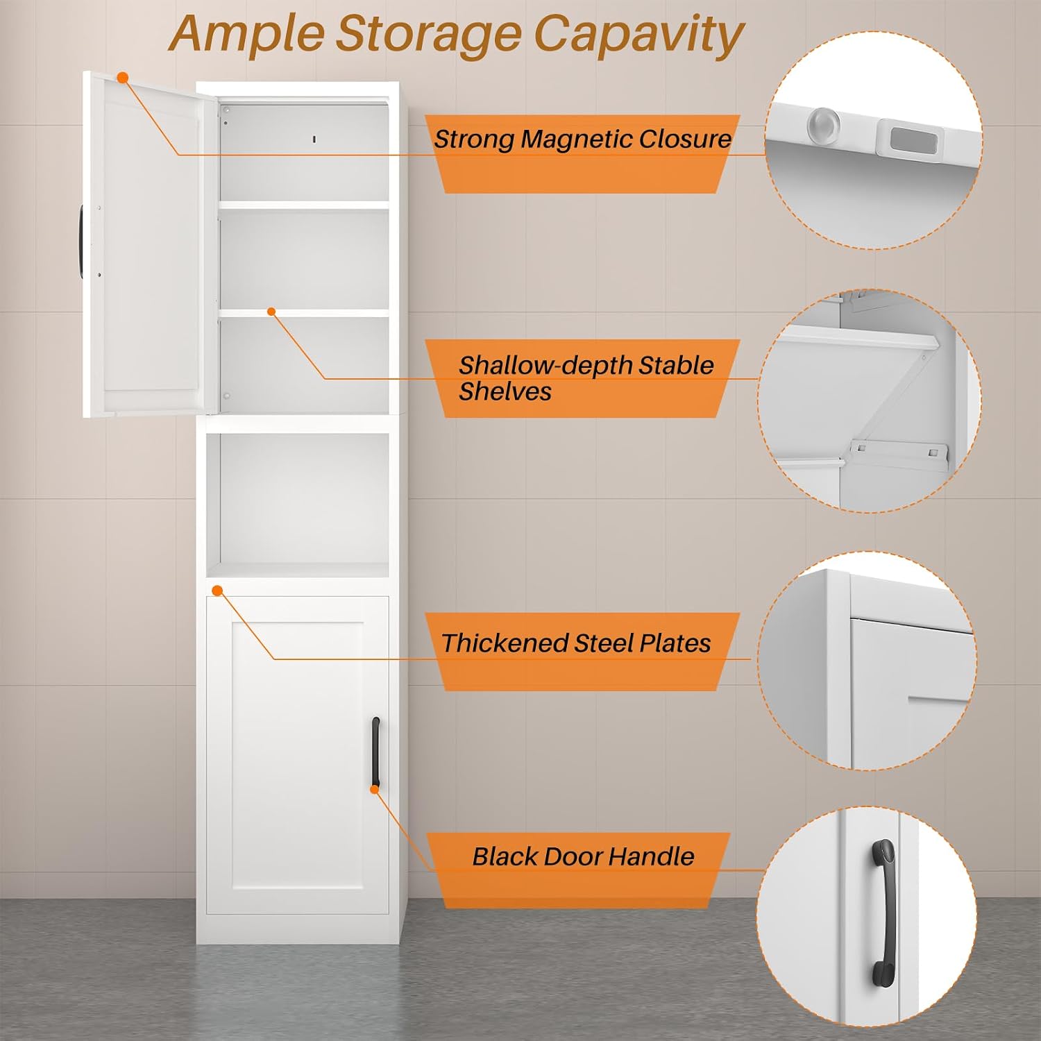 67" Tall Slim Pantry Cabinet, Narrow Bathroom Storage Cabinet | Metal Skinny Cabinet With Door And Adjustable Shelves, For Small Spaces, Kitchen, Bathroom, Laundry Room, Living Room, White