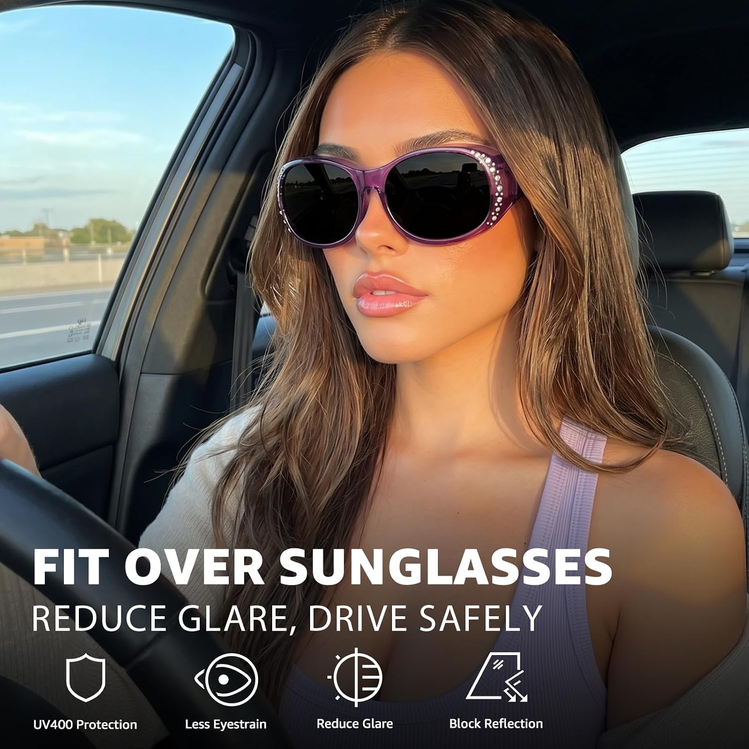Myiaur Polarized Fit Over Glasses Sunglasses for Women Men, Over Sunglasses with UV400 Protection Anti Glare for Driving A02 Transparent Purple/Grey Lens