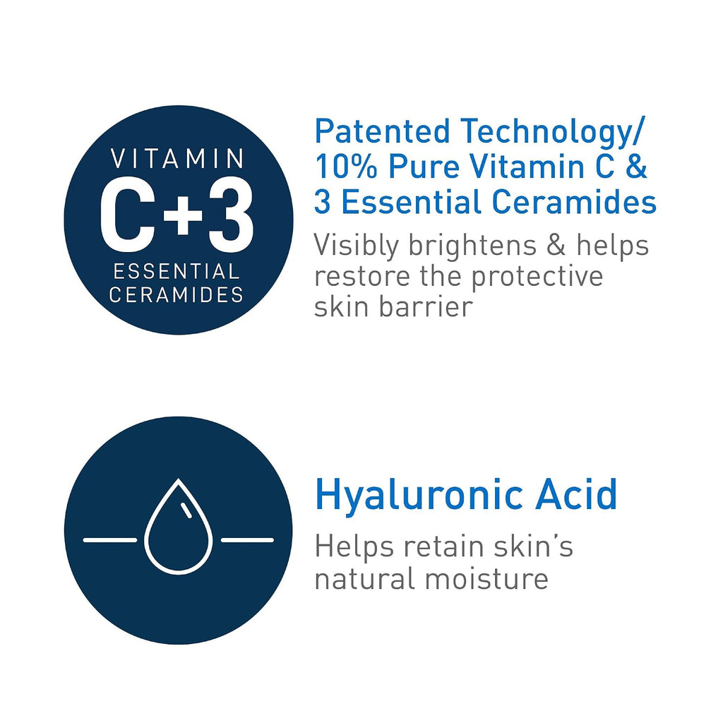 Cerave Vitamin C Serum For Face With 10% Pure Vitamin C, Hyaluronic Acid & 3 Essential Ceramides, Skin Brightening Antioxidant Serum, Hydrates & Improves Skin Tone & Texture, Fragrance-Free, 1Oz