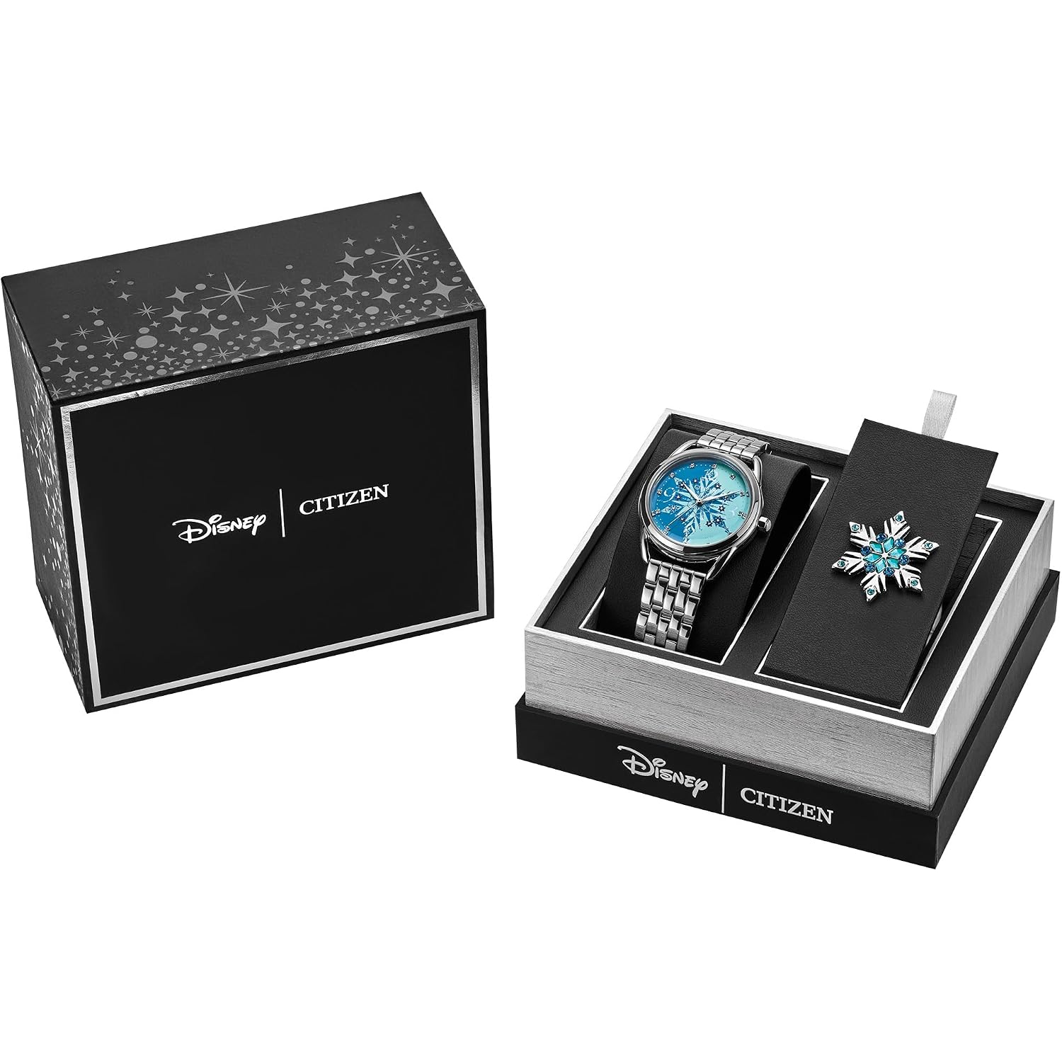 Citizen Women'S Eco-Drive Disney Princess Frozen Crystal Watch And Pin Gift Set In Silver Stainless Steel Watch, Blue Dial (Model: Fe7091-61W)