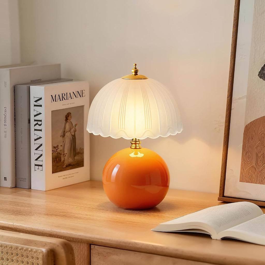 Mushroom Table Lamp, Ceramic Bedside Lamp With Glass Shade, 3-Way Lighting (2700K-5000K) Rocker Switch, Small Nightstand Lamp For Bedroom, Living Room, Office, Orange