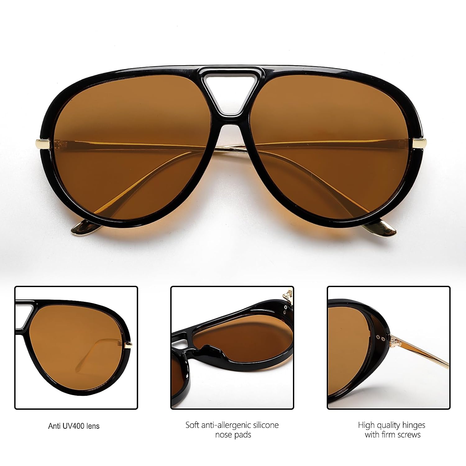 GUVIVI Retro Gold Aviator Sunglasses for Women Men, 2026 Metal Oversized 70s Aviators Black Vacation Beach Sun Glasses Black Frame - Brown Lens