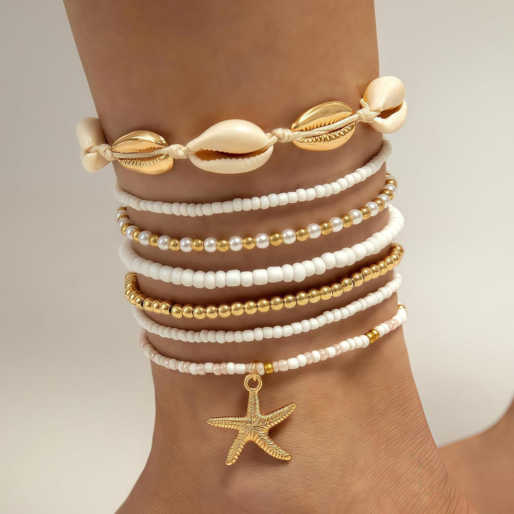 Qceasiy Bead Ankle Bracelets Set For Women, Adjustable Gold Plated Boho Shell Anklet, Hawaiian Beach Seashell Pearl Disc Starfish Conch Foot Jewelry, Summer Fashion Gifts