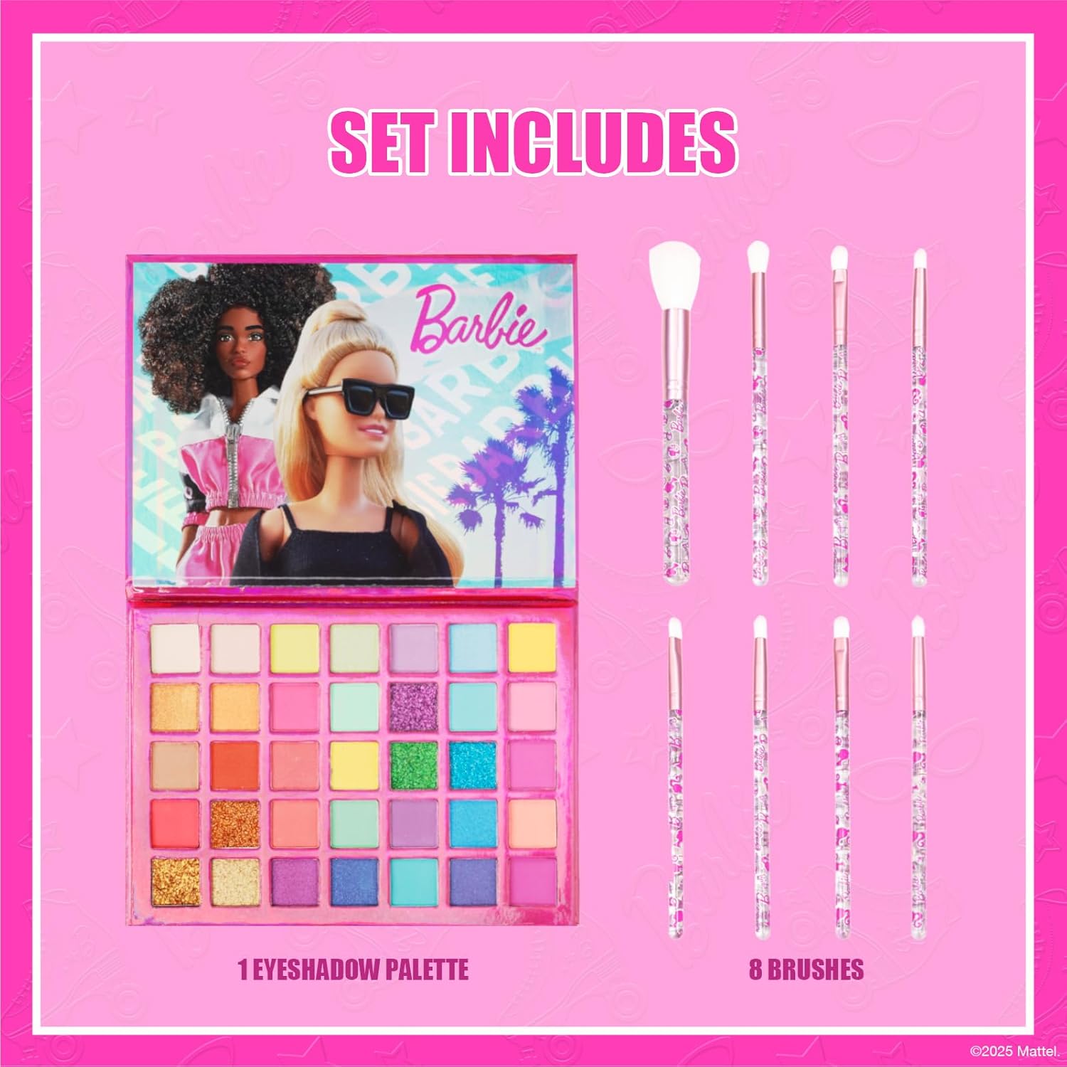 Barbie 35-Well Shadow Palette, Shimmery and Opaque Colors, Pigmented Blendable, 8 Application Brushes Ages 8+, by Townley Girl