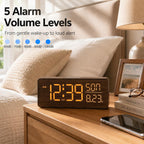 Peakeep Wooden Digital Alarm Clock Large Display, Textured Desk Table Decoration For Bedroom, Living Room, Plug In Clock With Time Date Day, 5 Brightness, Auto Dst