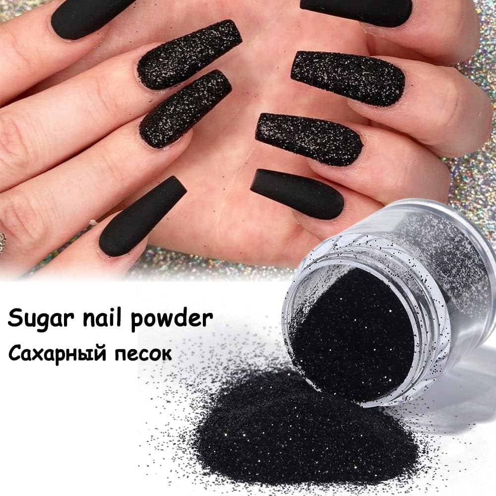 0.2mm Black Nail Glitter White Rainbow Holographic Shining Sugar Nail Glitter Candy Coat Powder Sugar Coating Effect Nail Pigment Powder Nail Art Decorations Dust Diamond Dust for Nails (B)