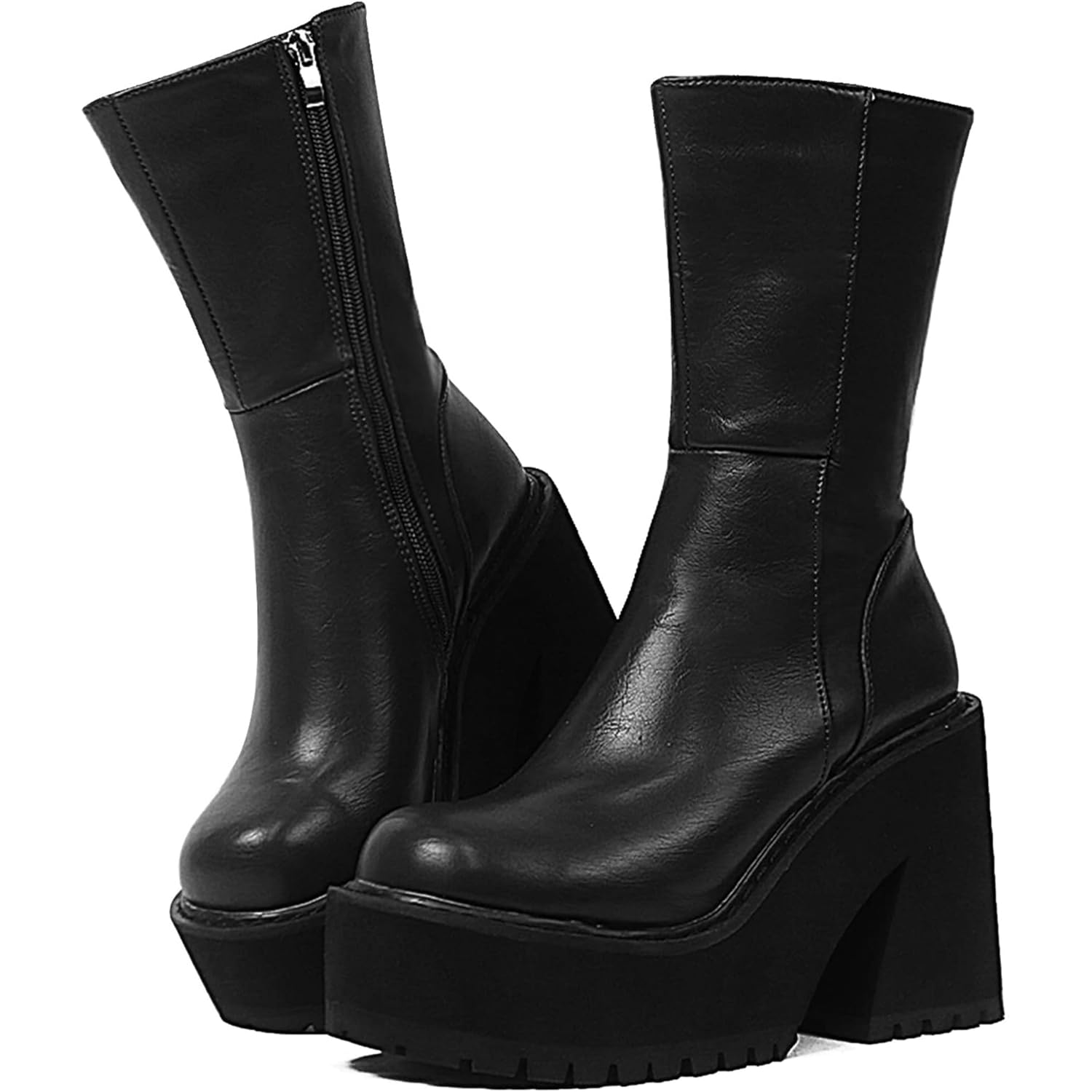 AMINUGAL Womens Wedge Heel Ankle Boots Platform Zipper Punk Motorcycle Booties Chunky Block High Heel Round Toe Fashion Work Combat Boots Mid Calf For Women