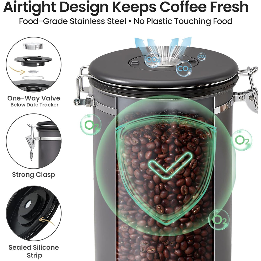 Veken Coffee Canister, 39Oz Large,Airtight Stainless Steel Food Storage Container For 2.2Lbs Beans,Ground,Sugar,Espresso,Rice,Tea,Flour,Cereal,Cookie,Lids,Jars,Gifts,Scoop,Kitchen Bar Accessories,Gray