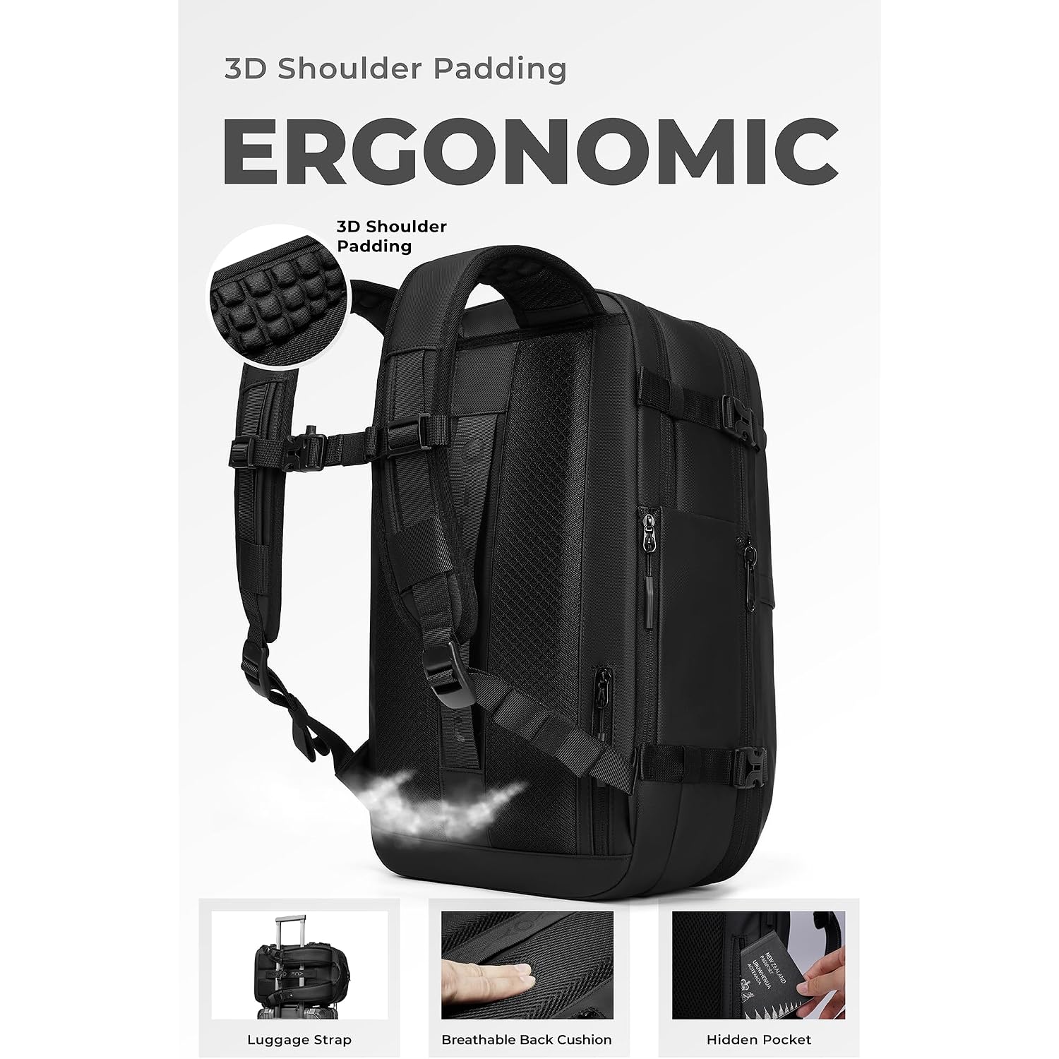 Airvault Vacuum Seal Travel Backpack 60L With Expandable Hyperseal Air Compression Vacuum System Water Resistant Tsa Lock (Vacuum Pump Included, Black, 60L)