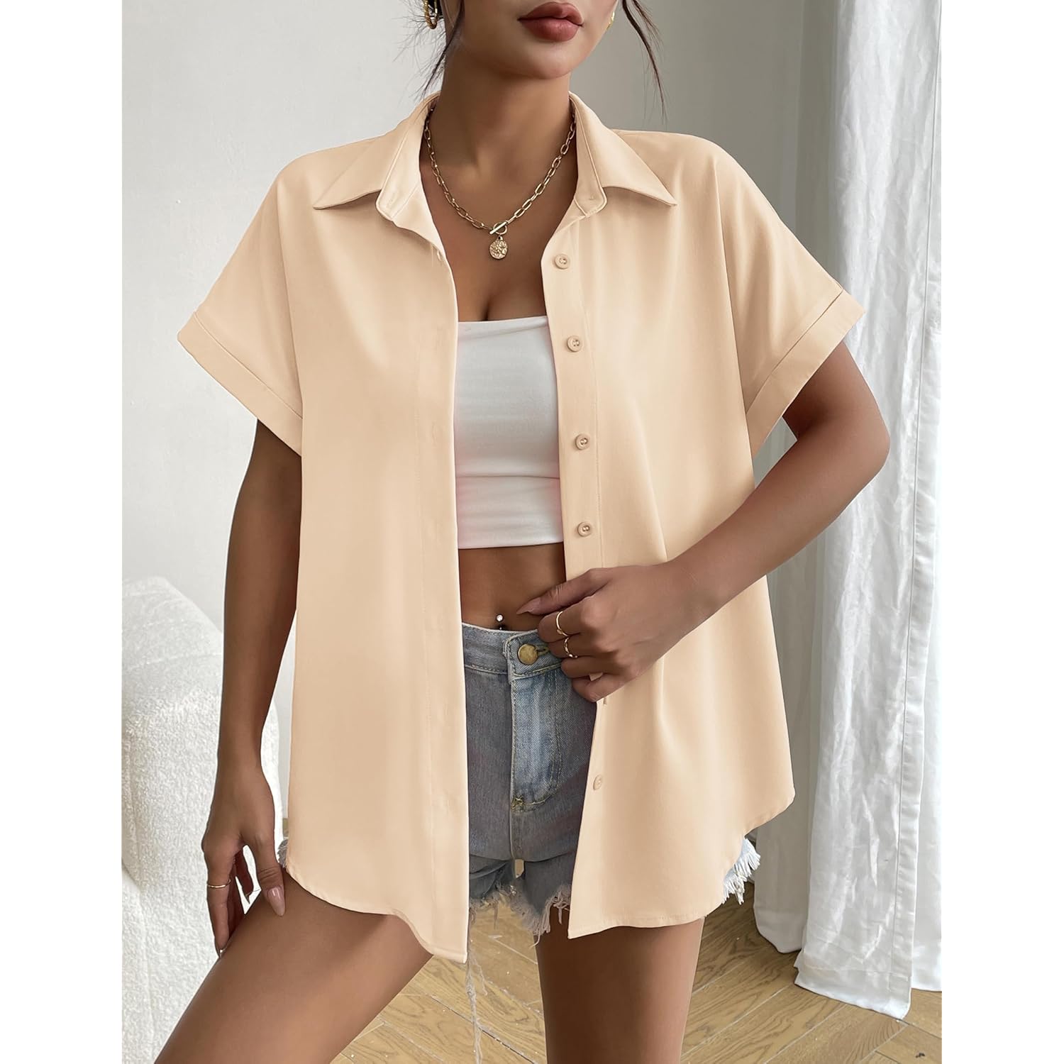 Short Sleeve Summer Tops for Women Casual Button Down Shirts Solid/Striped Business Work Blouses