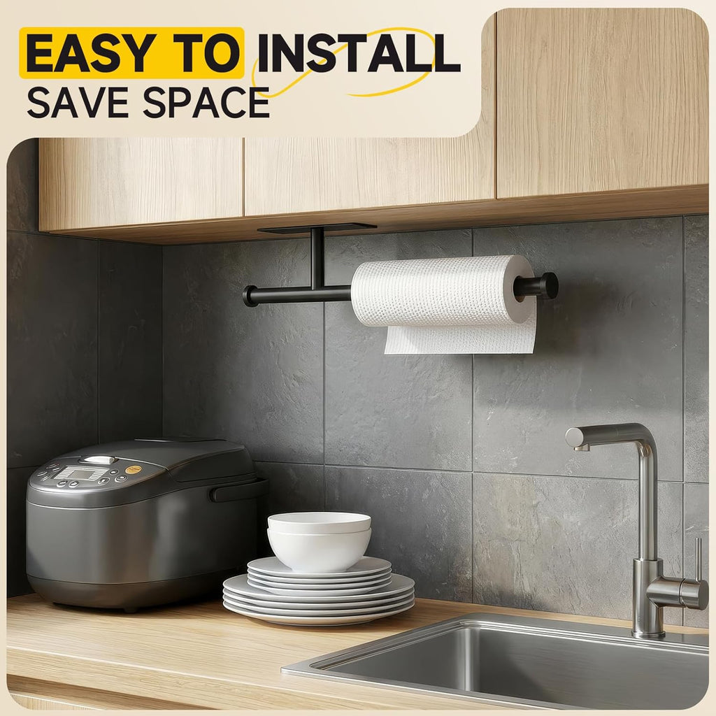 Paper Towel Holder Wall Mount - Self Adhesive No Drill or Drilling, SUS304 Stainless Steel - Kitchen, Bathroom, Sink, Pantry, Fridge(Black)