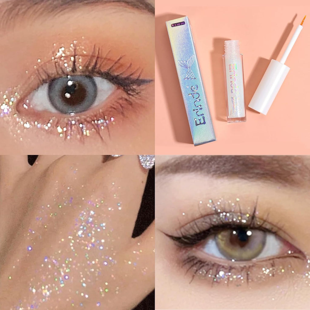 Erinde Liquid Glitter Eyeshadow Eyeliner, Korean Makeup Bling Under Eye Shadow, Shimmer Metallic, Lightweight Waterproof Long Wearing, Loose Glue For Sparkly Crystals Eye Makeup, Colorful Sequins