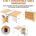 53“ Folding Dining Table Space Saving Foldable Dining Table With Drawer, Shelves And Wine Racks, Drop Leaf Table For Small Spaces, Extendable Folding Kitchen Table With Lockable Wheels