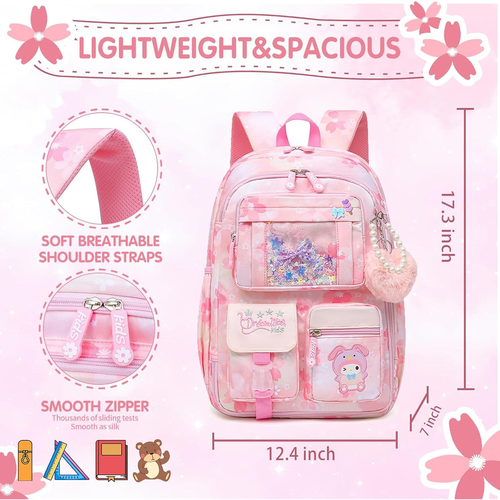 Lovely Girls Backpack School Bag For Students Kids Book Bag With Multiple Pockets Splash-Proof Children'S Backpack（17Inch Pink）