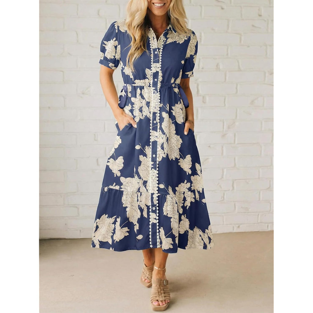 Wenrine Womens Casual Shirt Dress Floral Collared Short Sleeve Button Down Drawstring Waist Loose Summer Maxi Dresses