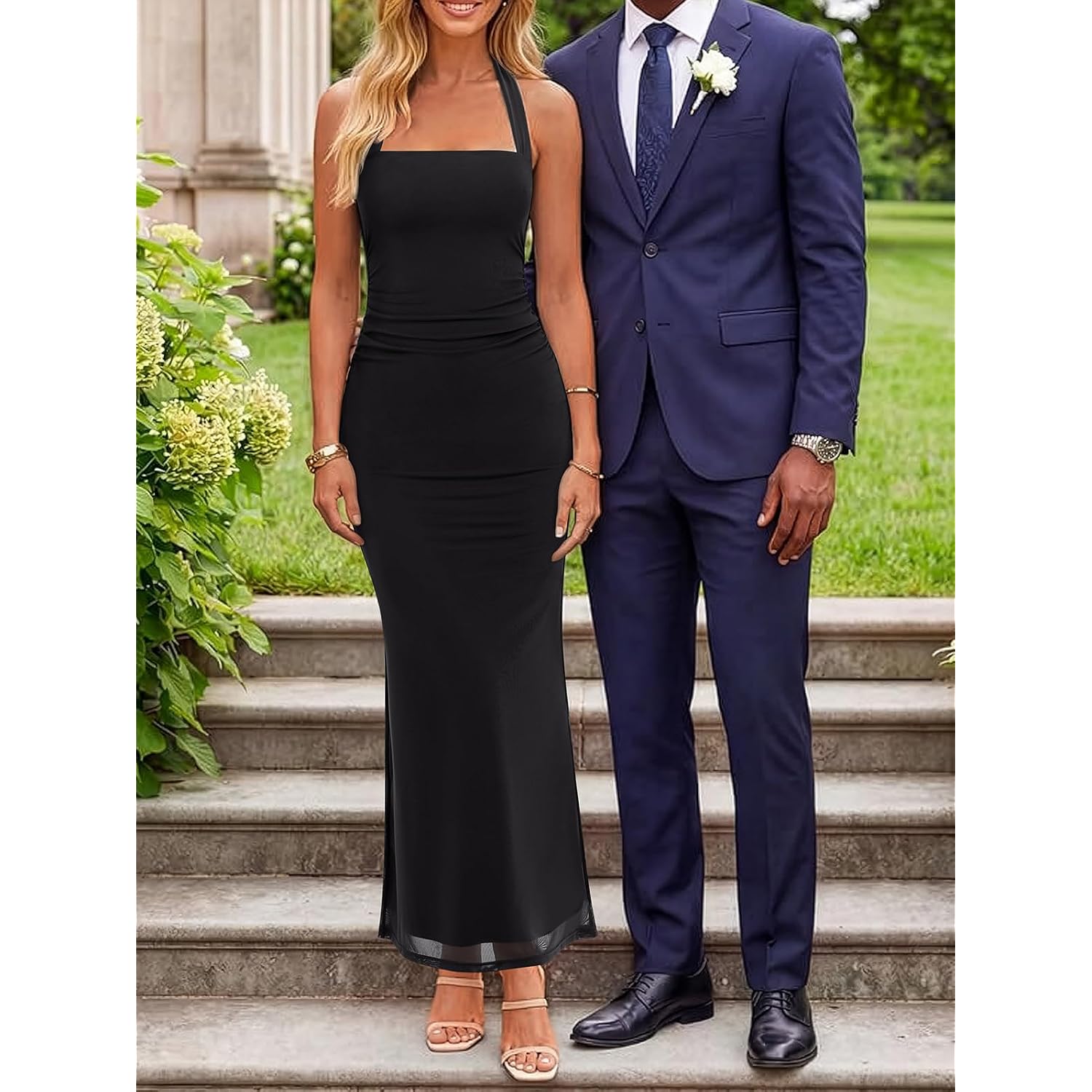 Reoria Mesh Sheer Sleeveless Wedding Guest Maxi Dresses For Women Ruched Bodycon Square Neck Halter Long Dress Summer 2026