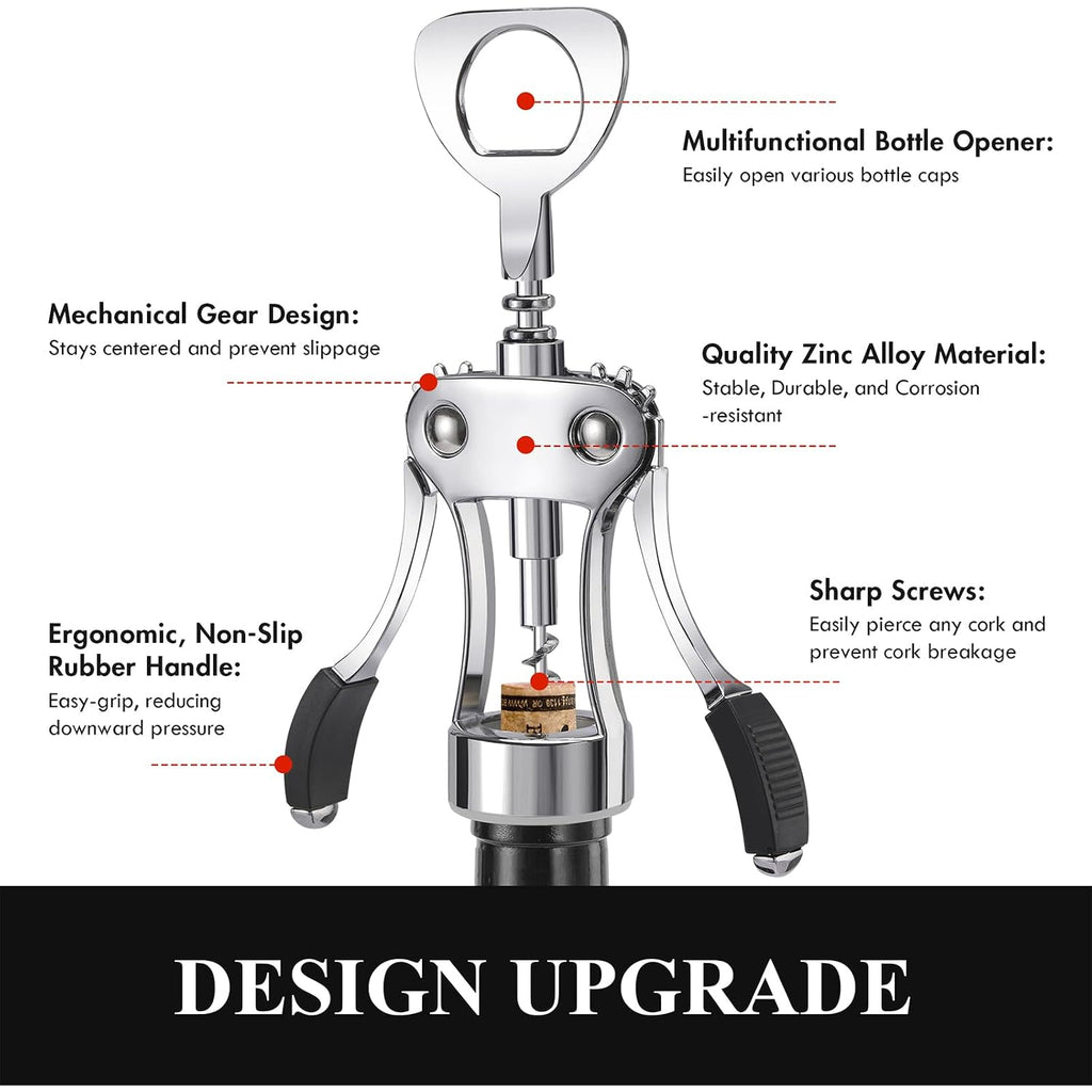 Wine Opener, Heavy-Duty Zinc Alloy Wing Corkscrew, Premium Beer Bottle Opener, Multifunctional Wine Accessories With Ergonomic Handle And Sharp Screw, For Kitchen, Bar, Restaurant (Silver)