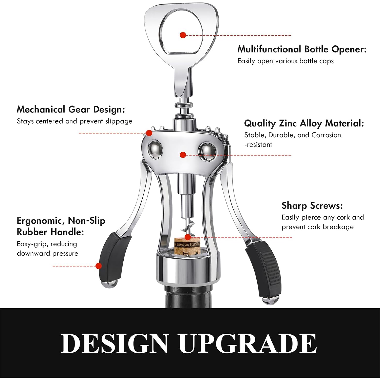 Wine Opener, Heavy-Duty Zinc Alloy Wing Corkscrew, Premium Beer Bottle Opener, Multifunctional Wine Accessories With Ergonomic Handle And Sharp Screw, For Kitchen, Bar, Restaurant (Silver)