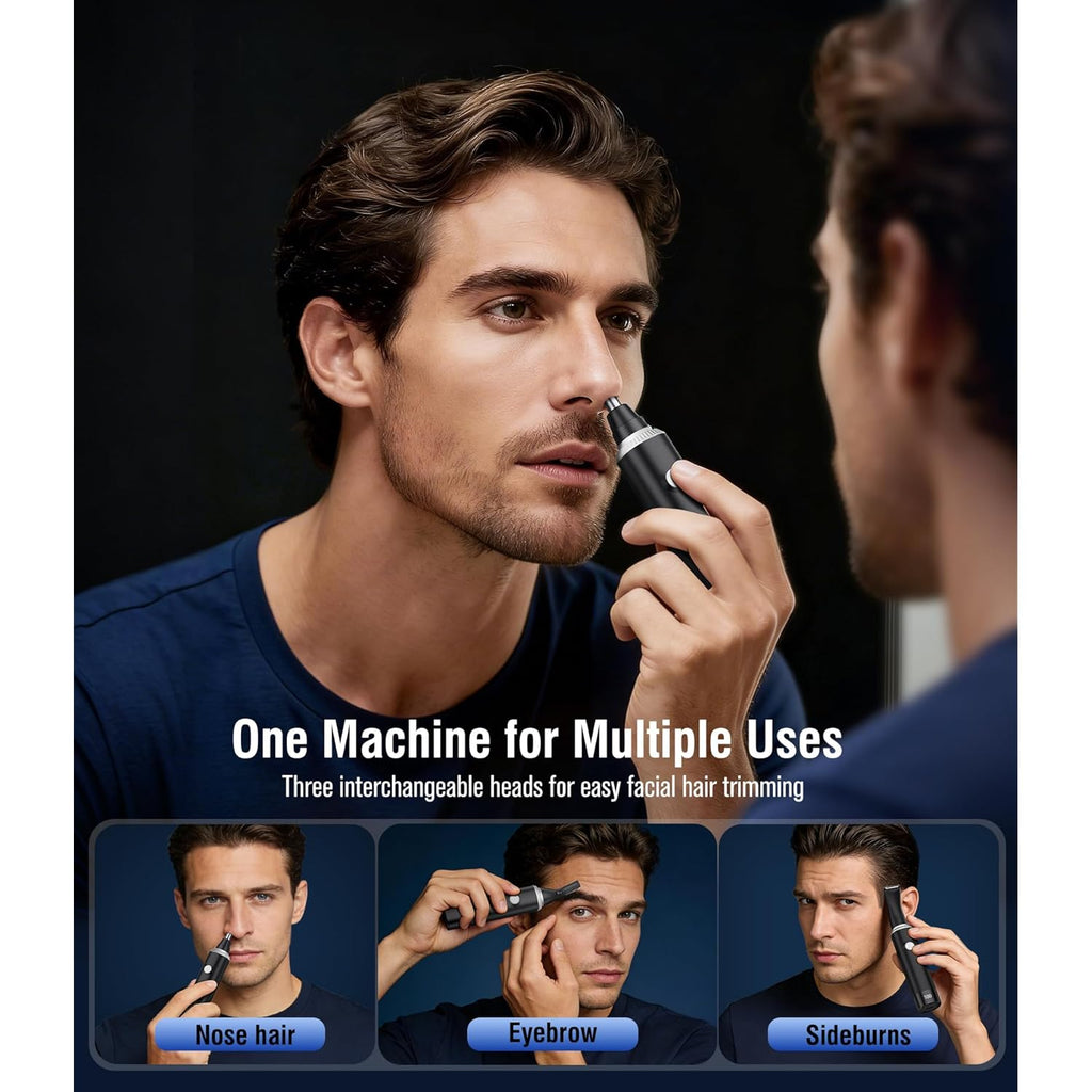 Nose Hair Trimmer for Men, 3-in-1 Professional Painless Rechargeable Eyebrow & Facial Hair Trimmer for Men Women, Multifunctional Trimmer with Powerful Motor and Dual-Edge Blades, IPX7 Waterproof