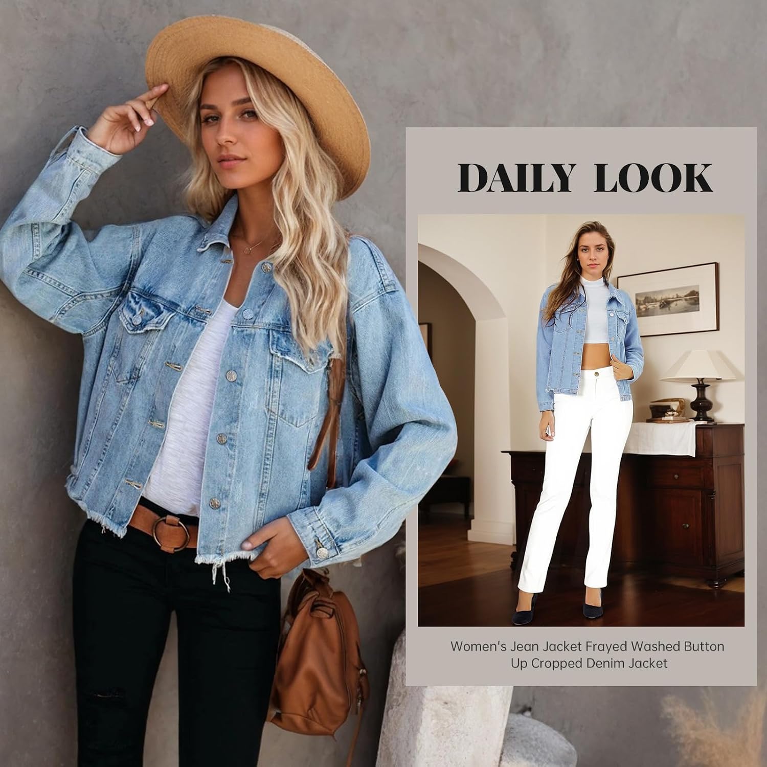 Women'S Jean Jacket Frayed Washed Button Up Cropped Denim Jacket With Pockets
