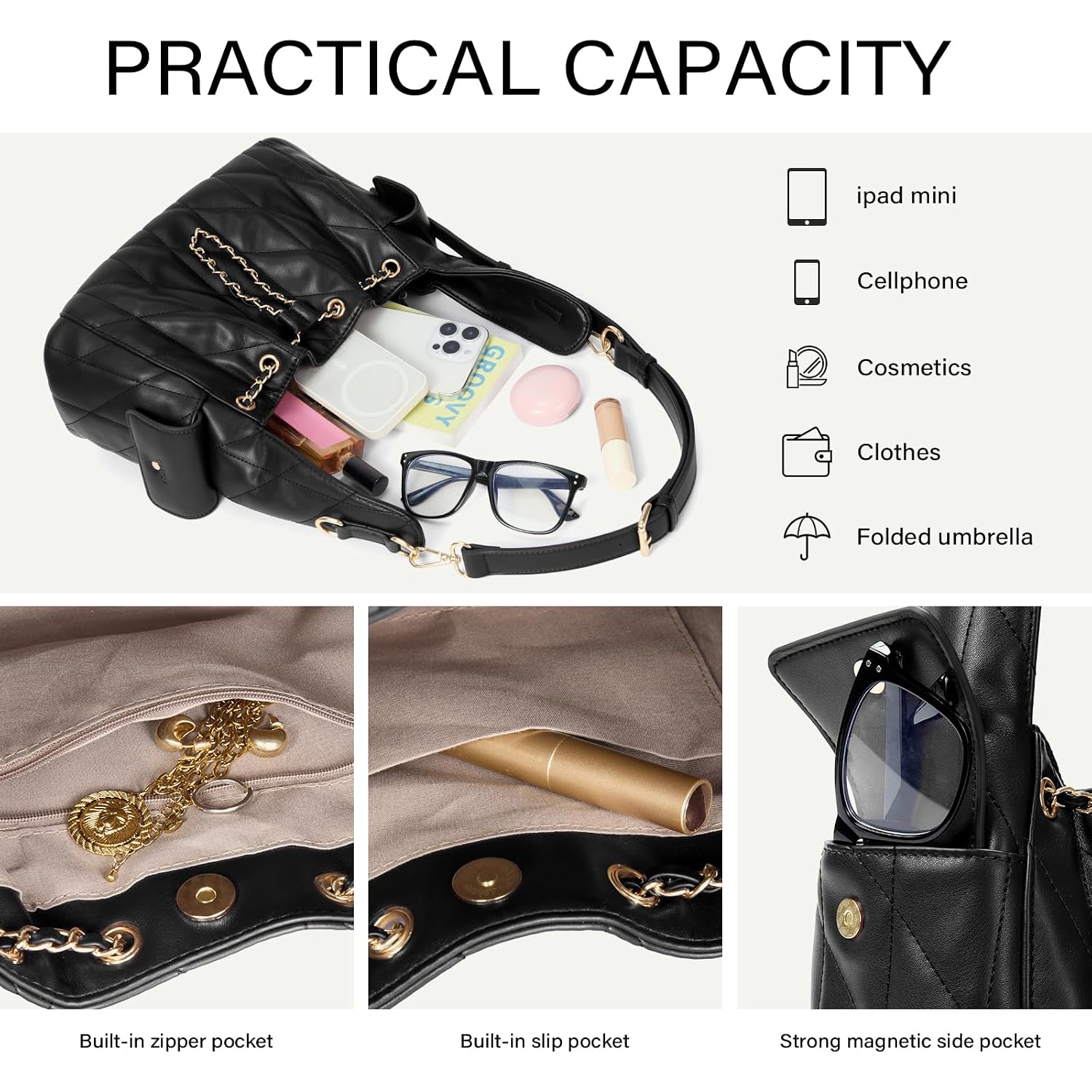 Cluci Quilted Leather Handbag, Soft Tote Bags For Women With Adjustable Strap, Crumpled Shoulder Purse Tabby Slouchy Hobo Bag