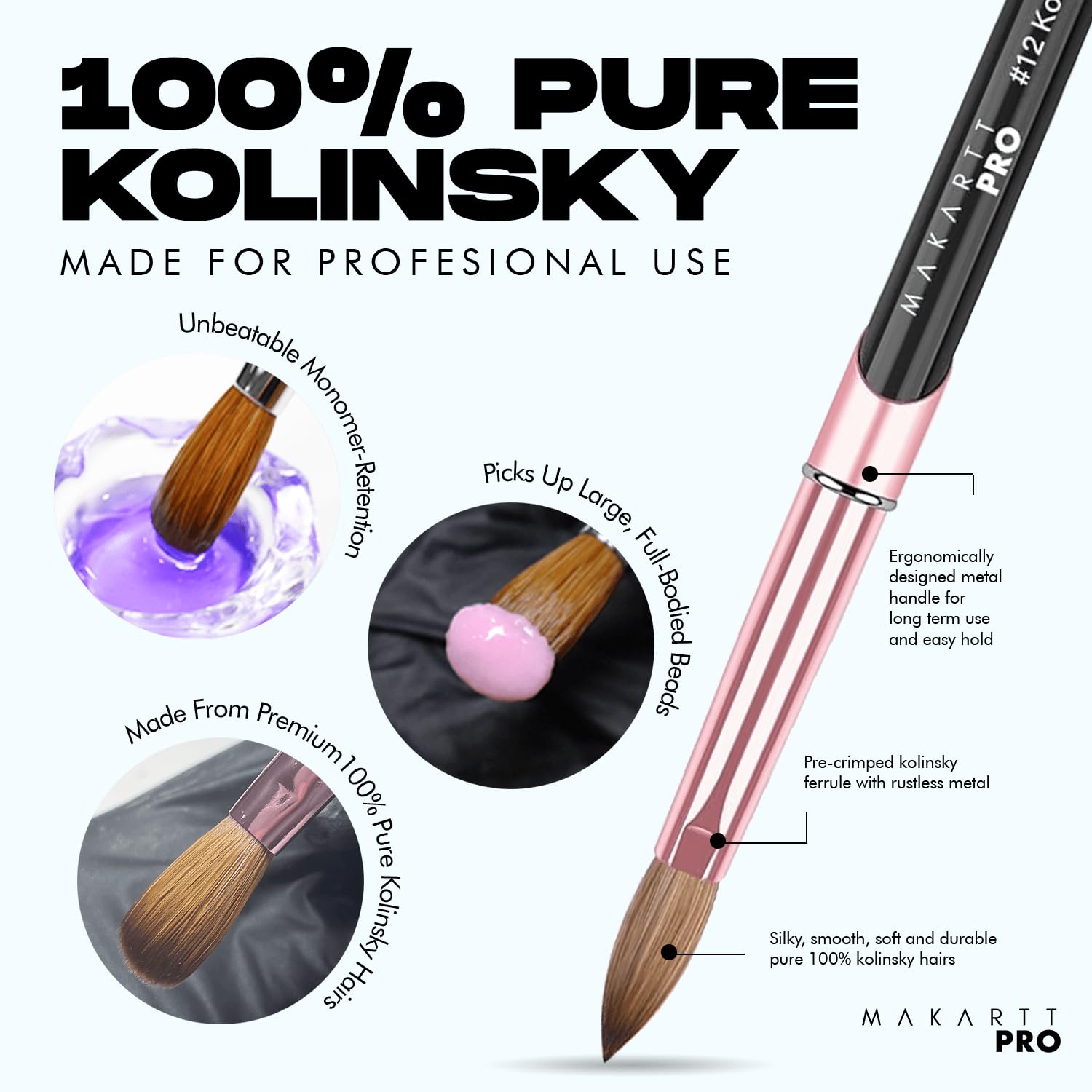 MakarttPro Kolinsky Acrylic Nail Brush Size 10 – 100% Pure Kolinsky Hair Nail Brush for Acrylic Application, Professional Nail Brush for Smooth Bead Control, Anti-Clogging, Acetone Resistant Handle