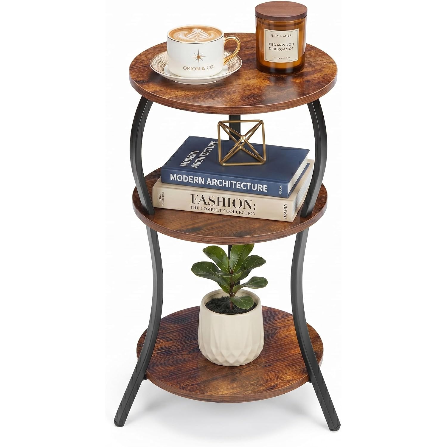 Vintage Small Round Side Table, 3-Tier Slim Waist Circular End Table With Storage Shelf, Compact Tea Sofa Table, Round Corner Coffee Table Nightstand For Living Room Bedroom Small Spaces,Rustic Brown