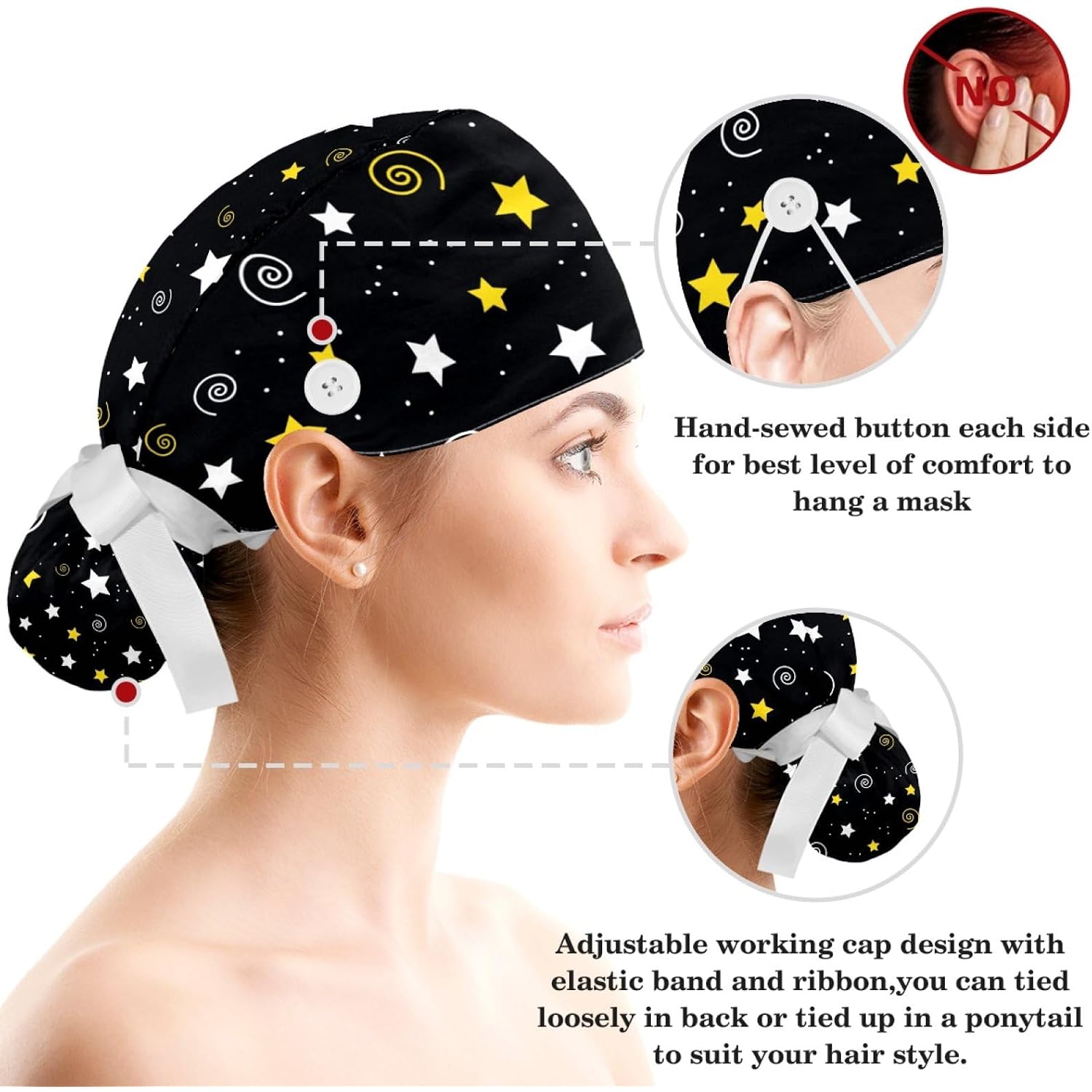 Women'S Working Caps Bouffant Surgical Cap With Bow Scrunchies Little Daisy Art Paint Ponytail Holder Tie Back Scrub Hat