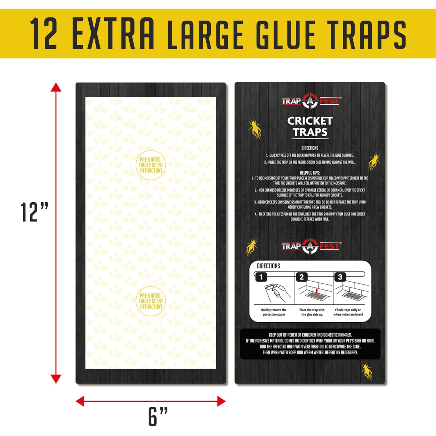 Cricket Traps Indoor (12 Traps) Extra Large Bug Sticky Traps - Non-Toxic Extra Sticky Glue Traps For Bugs - Pre-Baited Fruity Scent Crickets Bug Trap Indoor - Insect Glue Traps For Bugs - Trap A Pest