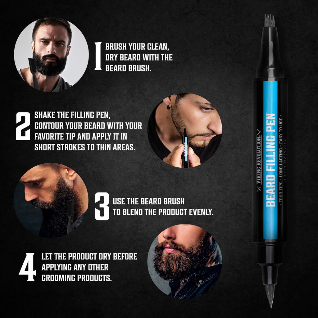 Viking Revolution Beard Pen (2 Pack) - Black Beard Pencil Filler for Men Lapiz para Barba de Hombre - Beard Filler for Men Waterproof Beard Filling Pen Kit - Long Lasting Beard Filler Pen with Brush