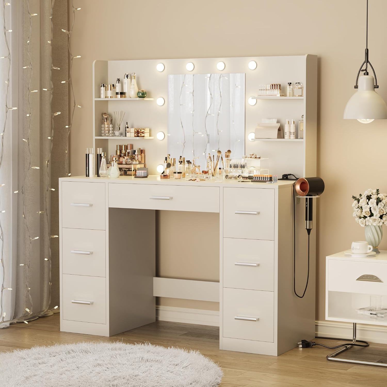 Furmax Vanity Desk With Mirror, Led Lights And Power Outlet Makeup Vanity Table With 7 Drawers And 6 Storage Shelves Dressing Table For Bedroom Dressing Room (White)