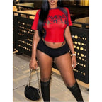 WDIRARA Women's Sheer Mesh Letter Graphic Tees Short Sleeve T Shirts Y2k Tops Streetwear Burgundy