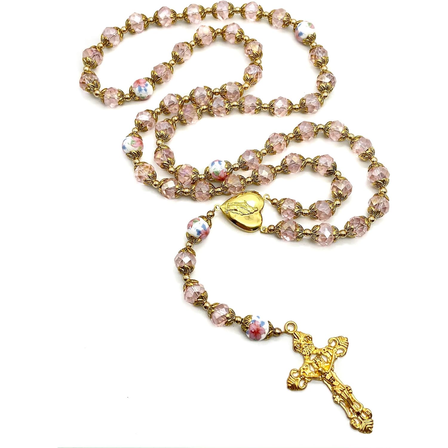 Nazareth Store Catholic Pink Crystal Beads Gold Rosary Flowers Beaded Necklace Holy Mary Heart Locket Medal & Cross Religious Amulet for Women