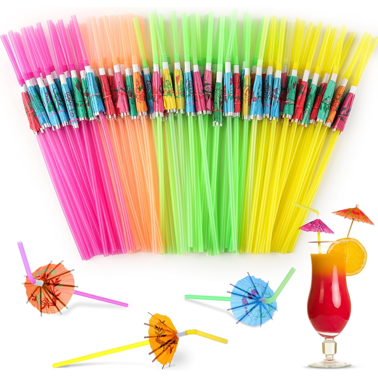 Paxcoo 50Pc Umbrella Straws For Cocktails, Tropical Hawaiian Luau Party Decorations (Assorted Colors)