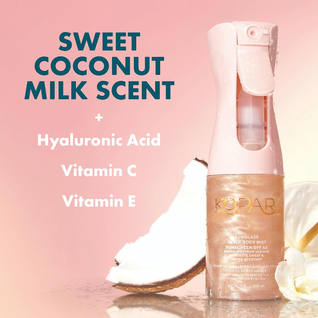 Kopari Rose Gold Sunglaze Sheer Body Mist Sunscreen Spf 42, Infused With Shimmering Body Oil, Hydrating Mist, Hydrates, Brightens, Makeup Friendly, Gives Skin A Glowy Finish, Lightweight,