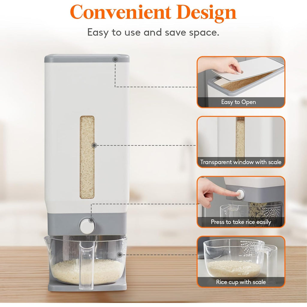 Lifewit Rice Dispenser 25 Lbs(11.3kg), Rice Storage Container Sealed Moisture Proof with Measuring Cup for Kitchen Pantry Household, BPA-Free, 1 Pack Grey