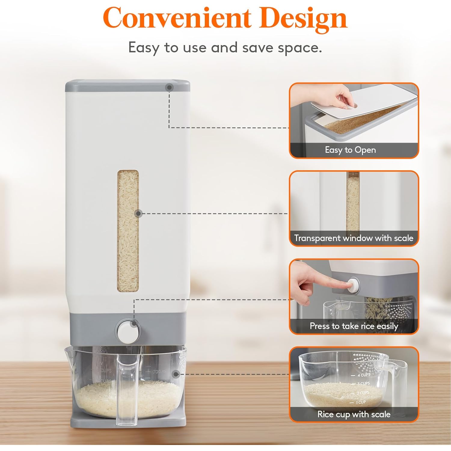 Lifewit Rice Dispenser 25 Lbs(11.3kg), Rice Storage Container Sealed Moisture Proof with Measuring Cup for Kitchen Pantry Household, BPA-Free, 1 Pack Grey