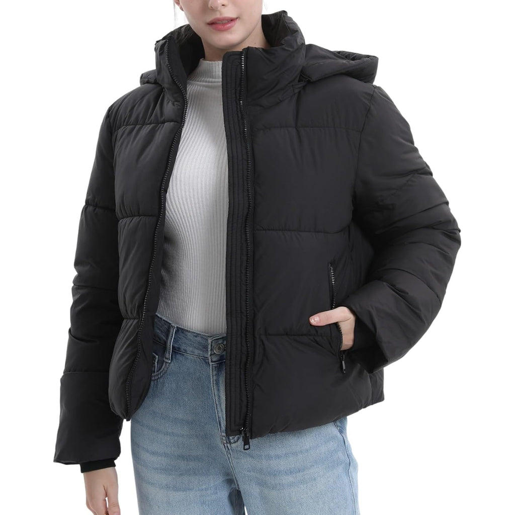 Puffit Women'S Cropped Puffer Jackets,Warm Winter Jacket With Removable Hood,Zipped Pockets,Short Ladies Quilted Coat