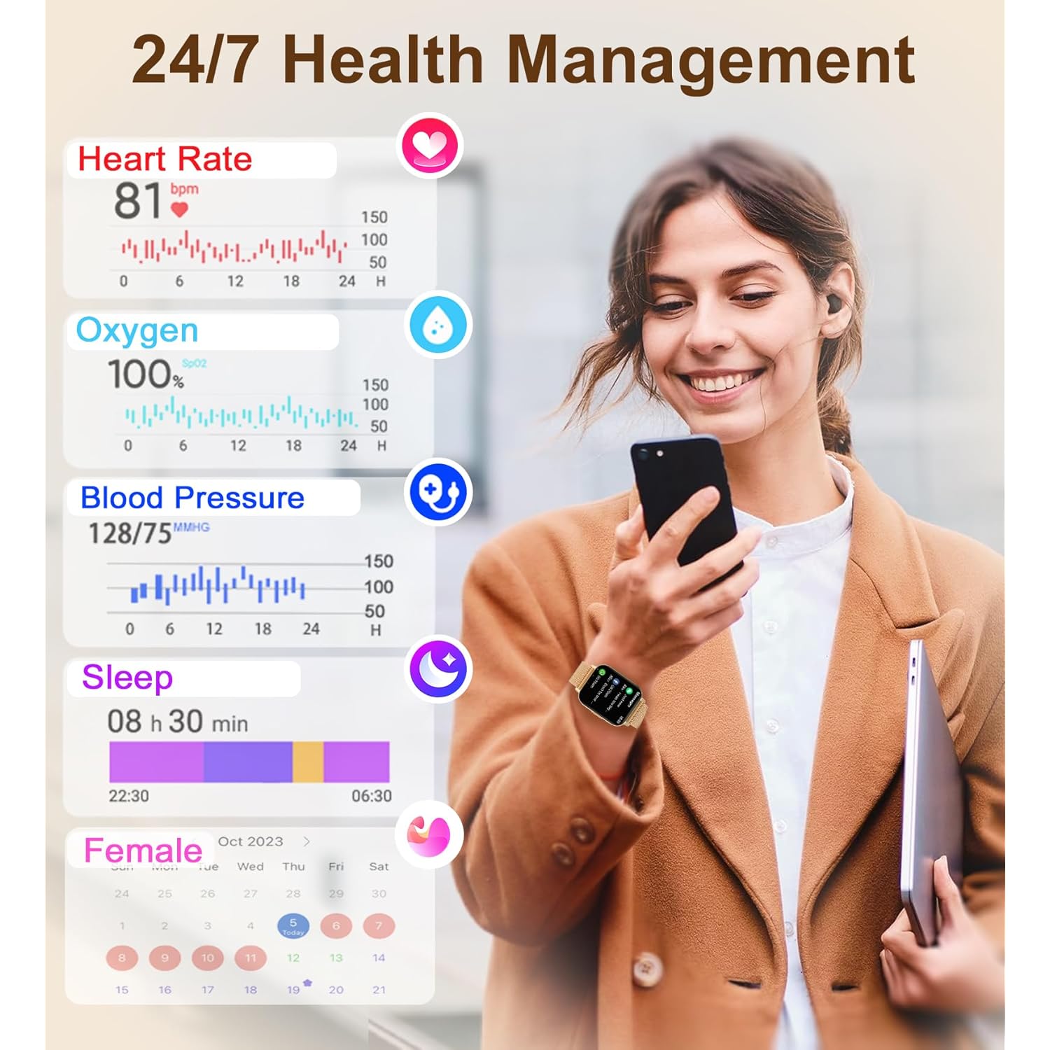 Iaret Smart Watch (Answer/Make Calls), Smart Watches for Women, Fitness Tracker with Heart Rate Sleep Monitor Pedometer Calories, Waterproof Fitness Watch for Android iPhone (Rose Gold)