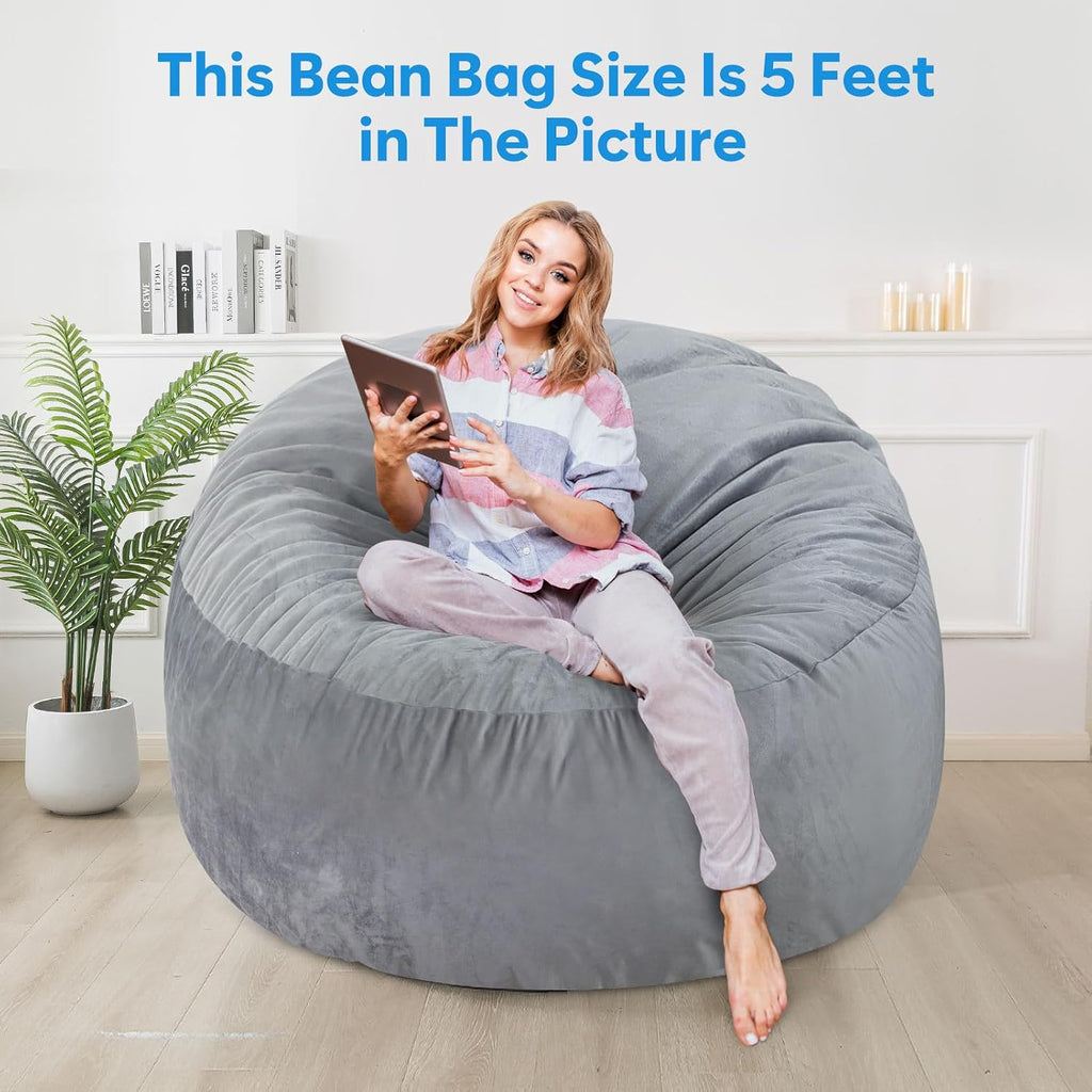 Shouren 3 Ft Bean Bag Chair,Memory Foam Bean Bag Chairs For Adults,Bean Bag Sofa For Living Room,Beanbag With Filler Included,Soft Velvet Fabric,Pull-Handle - 3 Foot,Dark Grey