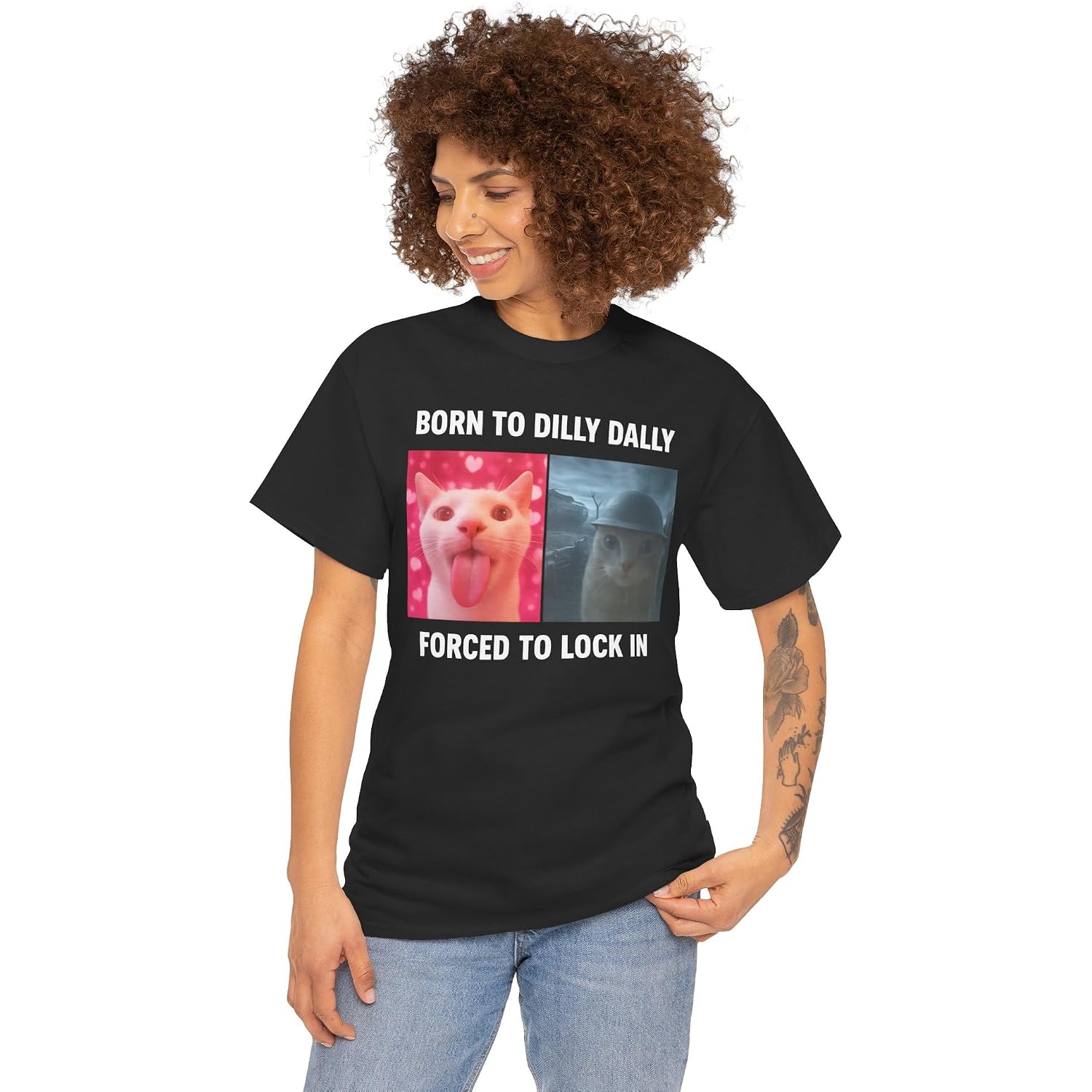 Born To Dilly Dally Forced To Lock In Shirt, Funny Cursed Cat Meme T-Shirt, Gen Z Ironic Humor Tee, Unhinged Viral Y2K Shirt