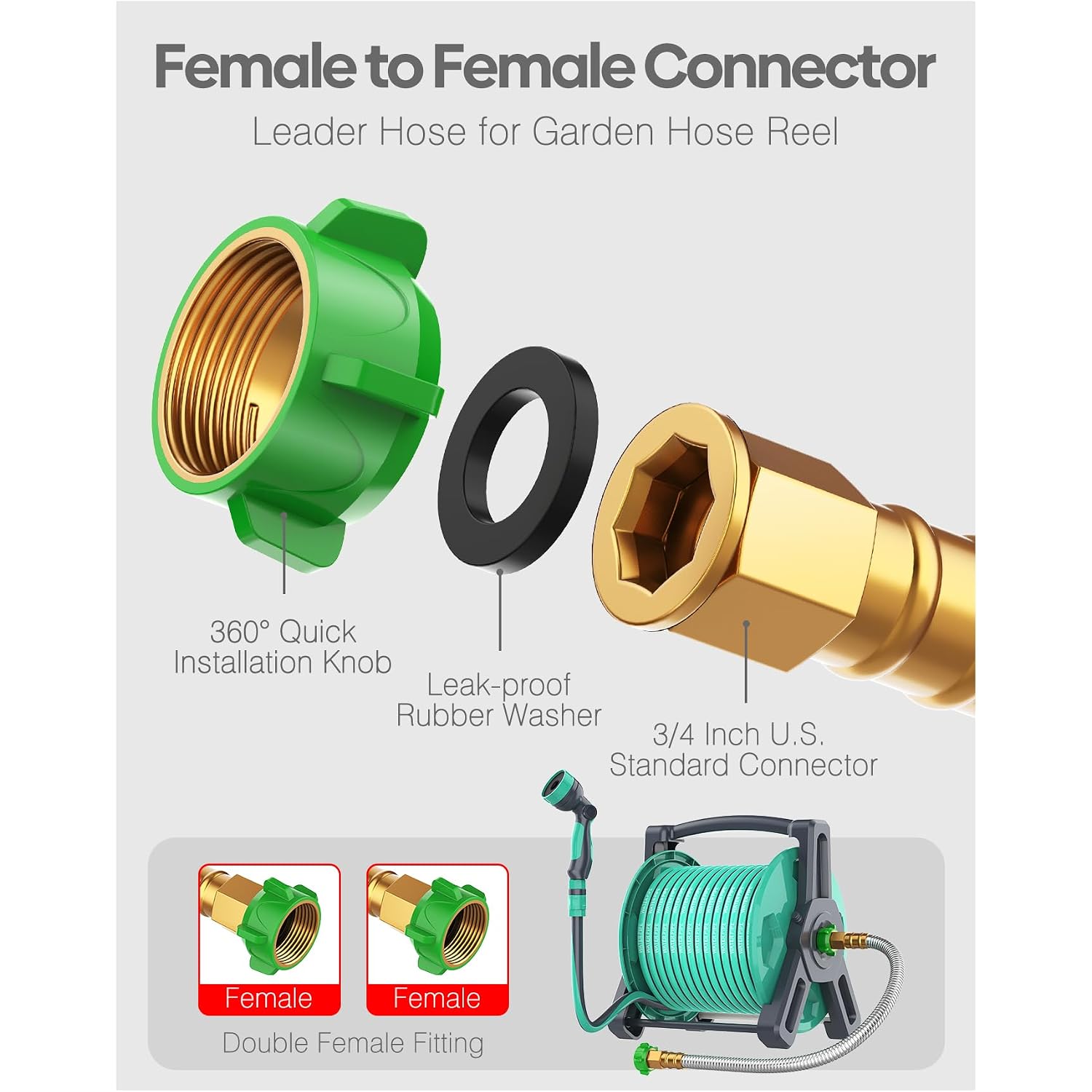 Short Metal Garden Hose 3 Ft With Female To Female Connector， Stainless Steel Small Leader Hose For Hose Reel, Long, Flexible, Lightweight & Heavy Duty Water Pipe, Outdoor Water Hose Extension Adapter