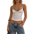 Women Lace Trim Tank Tops Y2k Polka Dot Sleeveless Backless V Neck Cropped Camisole Cute Summer Going Out Streetwear