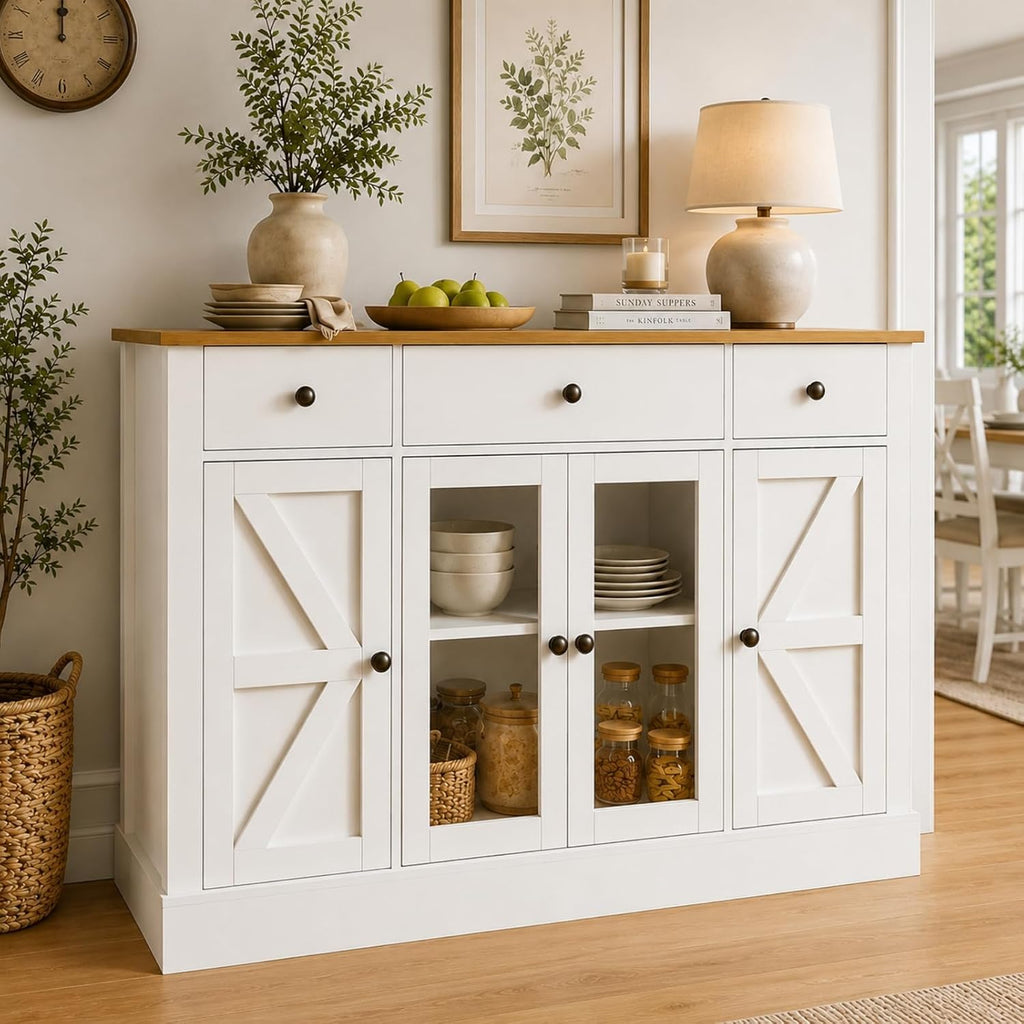 55" Large Buffet Cabinet With Storage, Coffee Bar Cabinet With 4 Doors And 3 Drawers, Kitchen Cabinet With Plexiglass Doors For Living Room, White