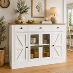 55" Large Buffet Cabinet With Storage, Coffee Bar Cabinet With 4 Doors And 3 Drawers, Kitchen Cabinet With Plexiglass Doors For Living Room, White