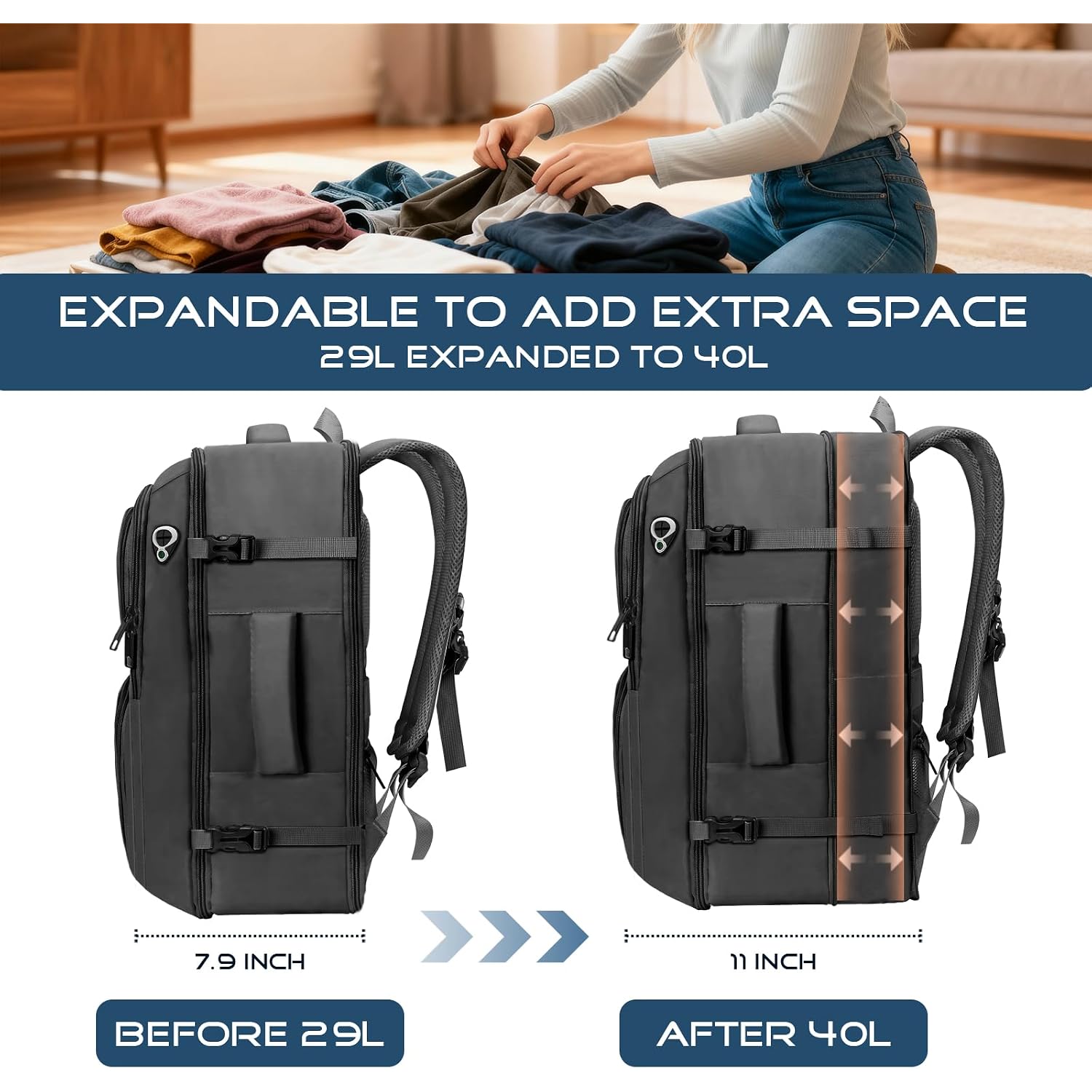Travel Backpack, Expandable Carry On Backpack For Men, Tsa 17.3 Inch Laptop Bag Flight Approved, Lightweight Business Luggage Bag, Travel Gifts For Men Women, Black