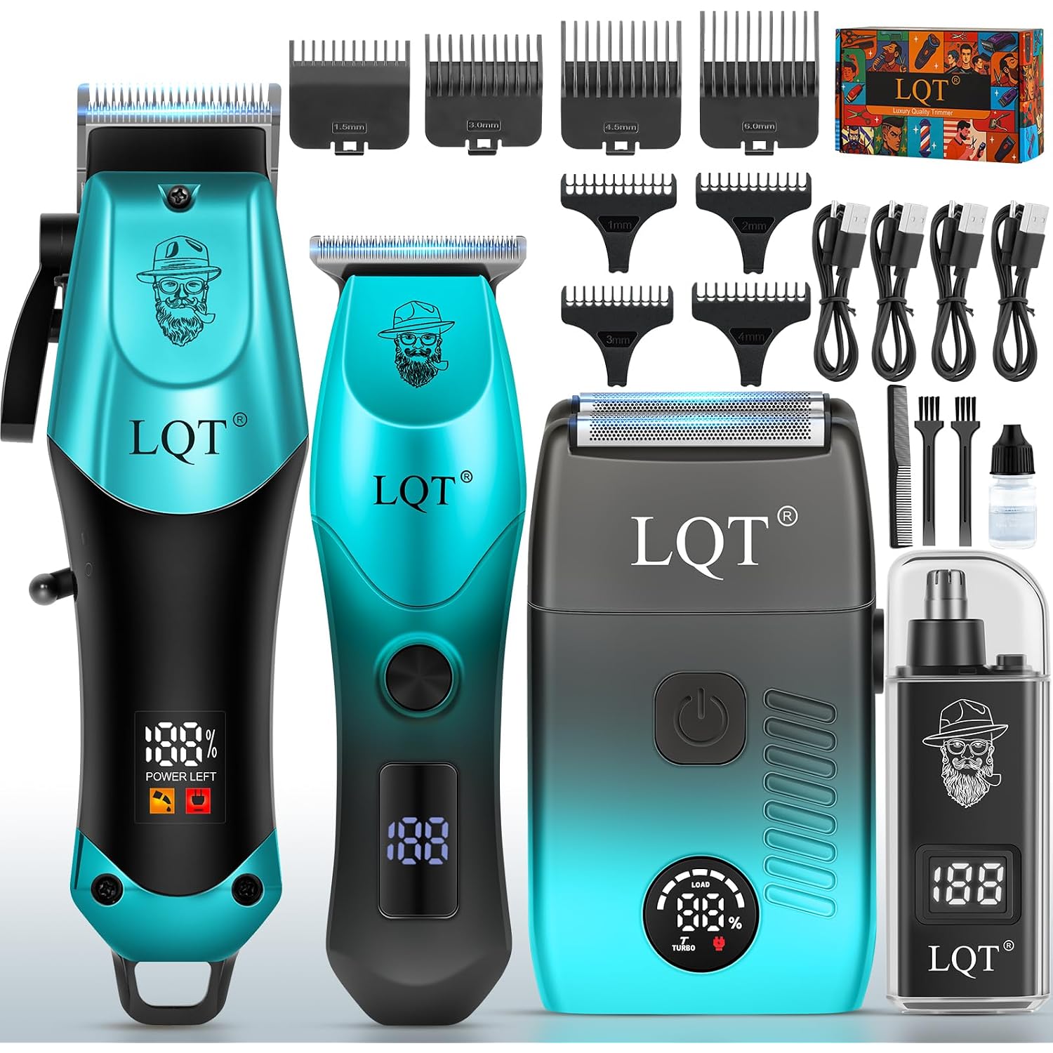 4-In-1 Men'S Hair Clippers Kit, Includes Nose Hair Trimmer, Electric Shaver, And Engraving Trimmer, Wireless Usb Rechargeable Grooming Set, Blue Ombre Design, Ideal Gift For Men (Blue)