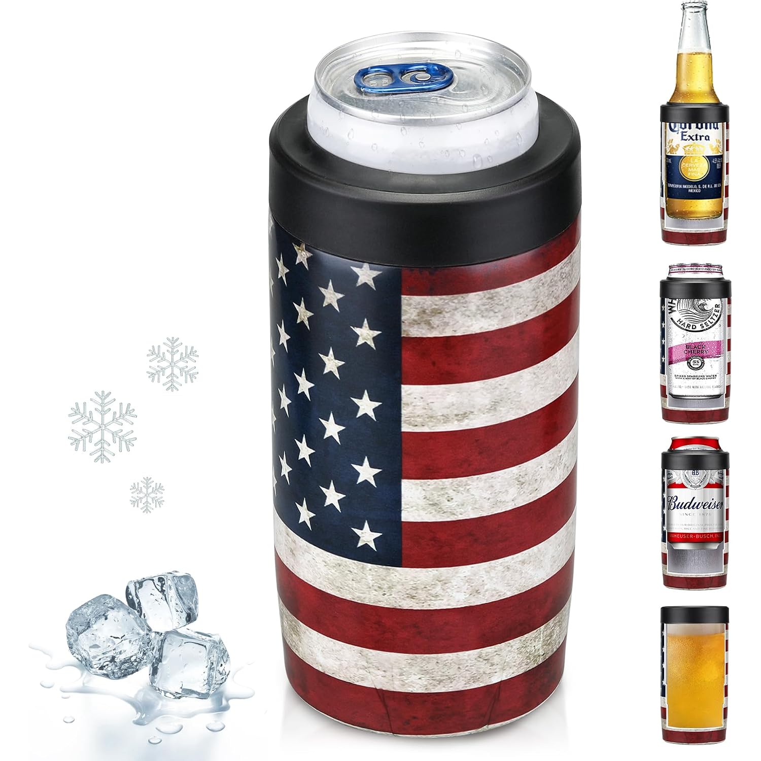 Slim Can Cooler, 4-In-1 Double Walled Stainless Steel Insulated Beer Can Holder, Works With All 12 Oz Cans,Bottles & As A Pint Cups - America Flag